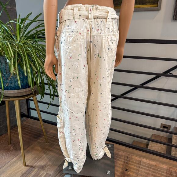 Free People Belted Painter Pants Ecru Utility Paint Splatter Slouchy Cargo SZ 6 - Picture 6 of 14
